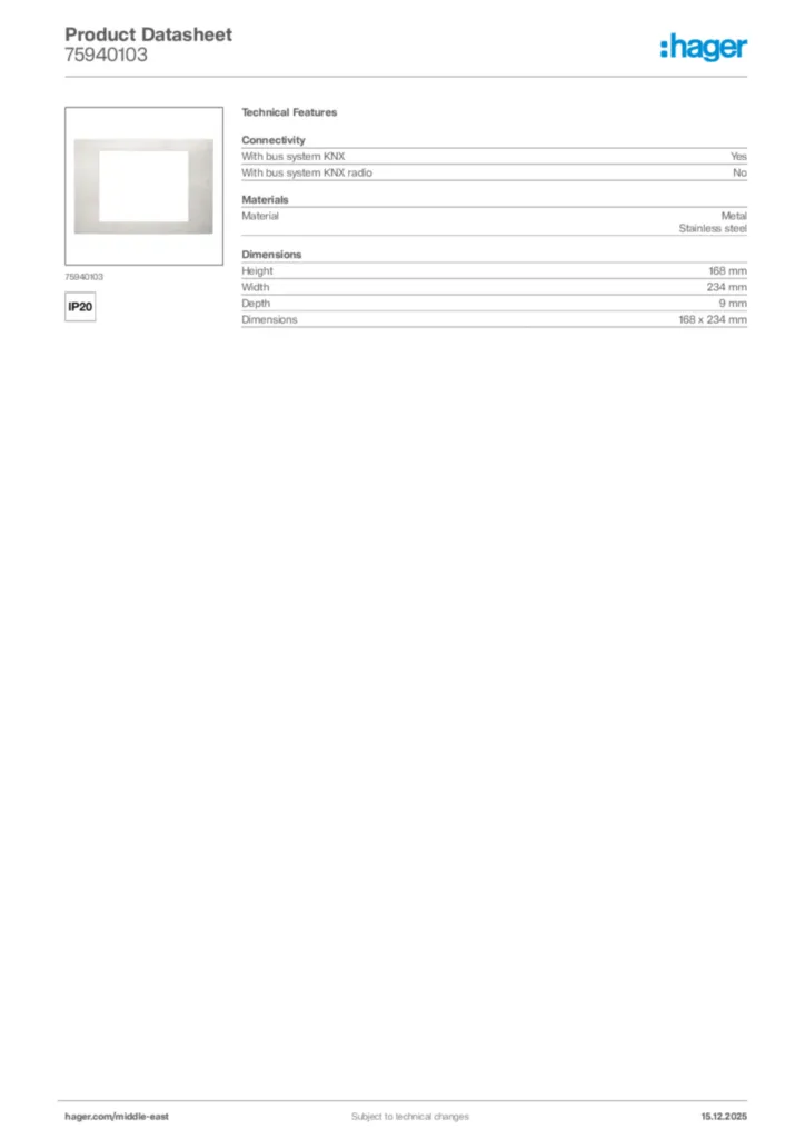 Image Hager Product data sheet 75940103  | Hager