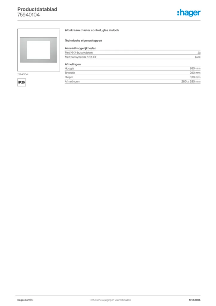 Afbeelding Hager Productdatablad 75940104 | Hager Nederland