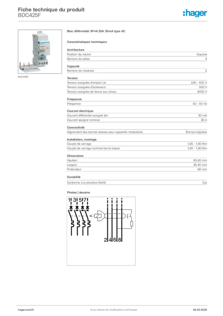 Image Hager Fiche technique du produit BDC425F | Hager France