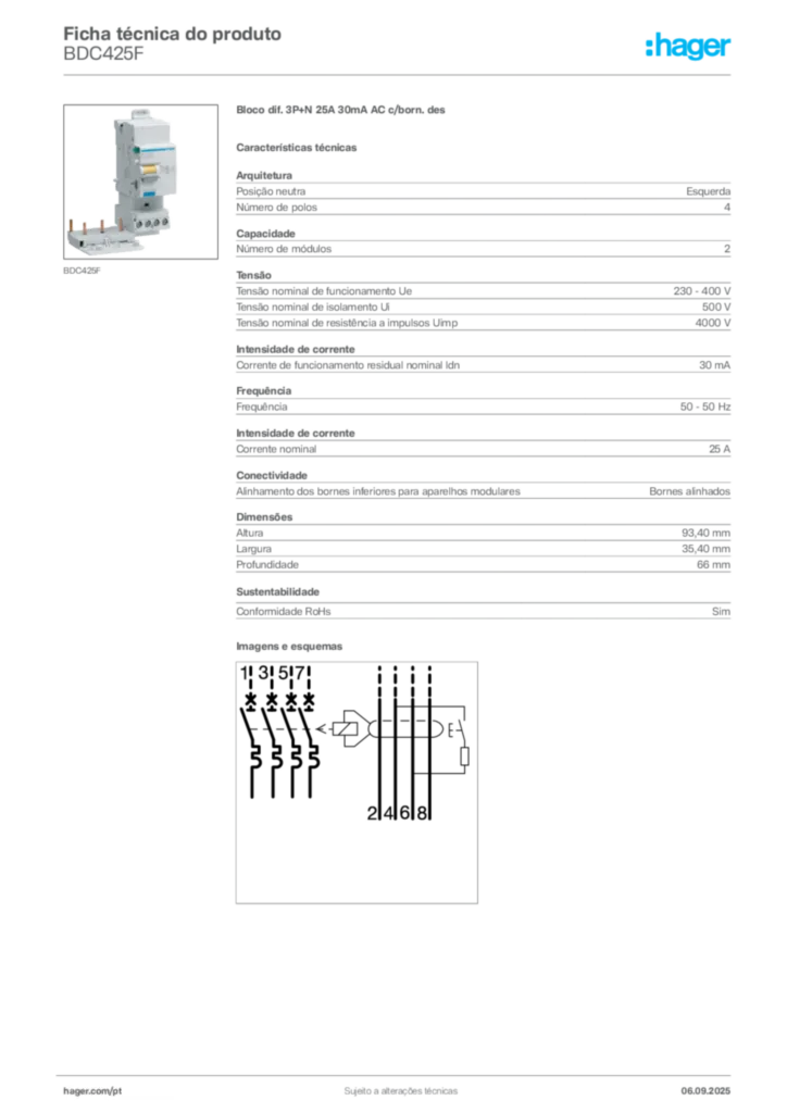 Imagem Hager Ficha técnica do produto BDC425F | Hager Portugal