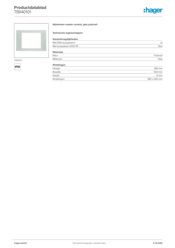 Afbeelding Hager Productdatablad 75940101 | Hager Nederland