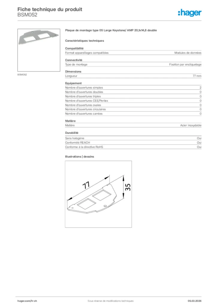 Image Hager Fiche technique du produit BSM052 | Hager Suisse
