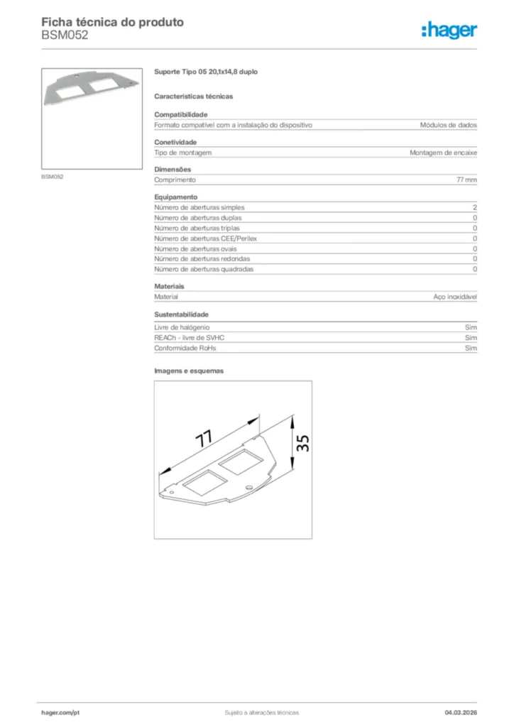 Imagem Hager Ficha técnica do produto BSM052 | Hager Portugal
