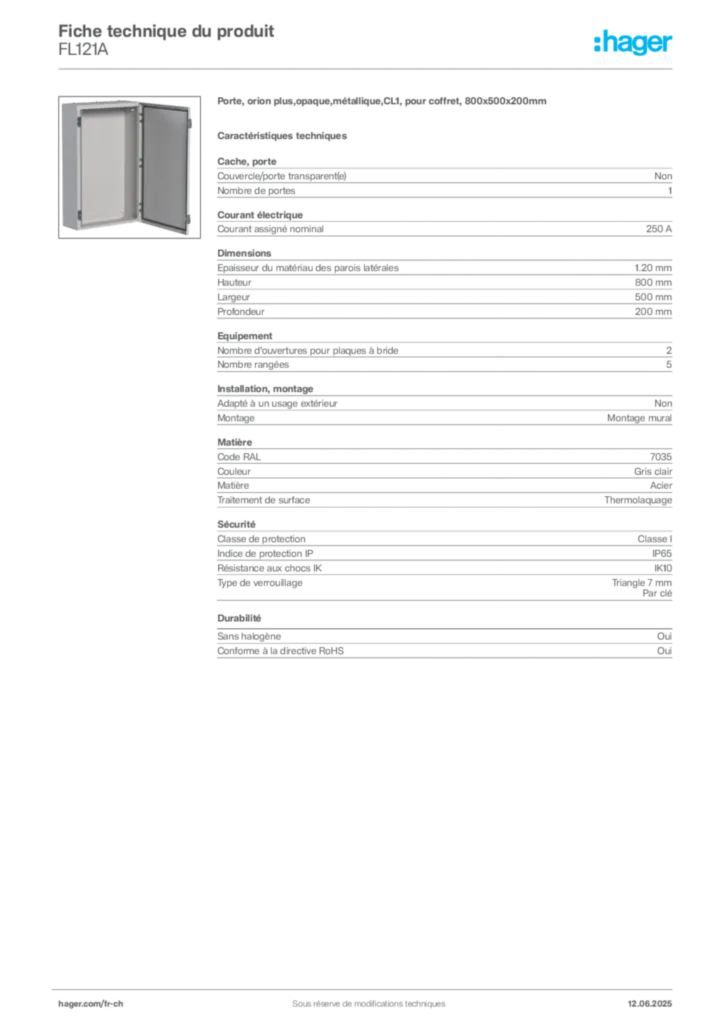 Image Hager Fiche technique du produit FL121A | Hager Suisse