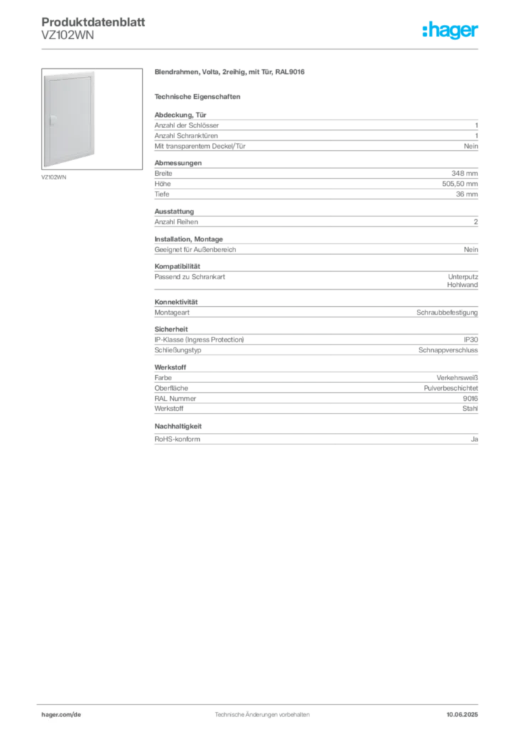 Bild Hager Produktdatenblatt VZ102WN | Hager Deutschland