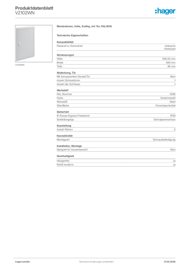 Bild Hager Produktdatenblatt VZ102WN | Hager Deutschland