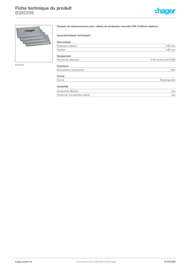 Image Hager Fiche technique du produit BSK0018 | Hager Suisse