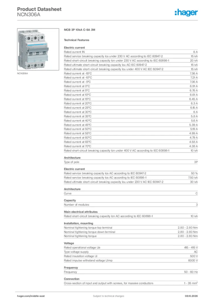 Image Hager Product data sheet NCN306A  | Hager