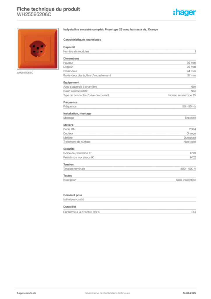 Image Hager Fiche technique du produit WH25595206C | Hager Suisse