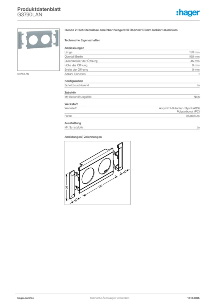 Bild Hager Produktdatenblatt G3790LAN | Hager Deutschland