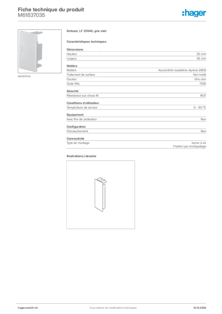 Image Hager Fiche technique du produit M61837035 | Hager Suisse