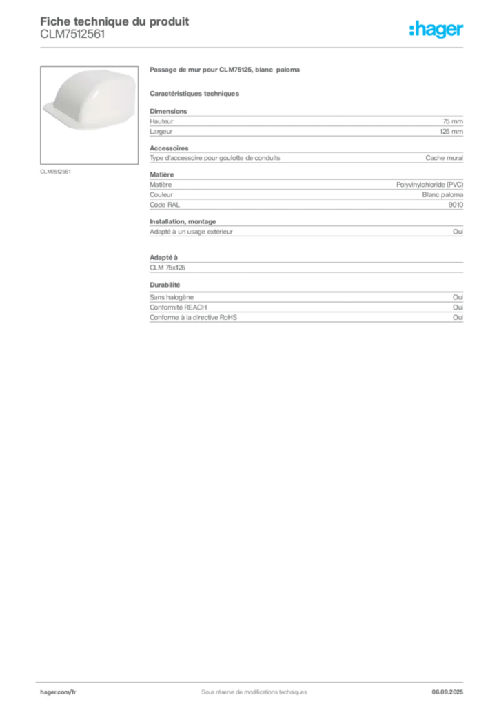 Image Hager Fiche technique du produit CLM7512561 | Hager France