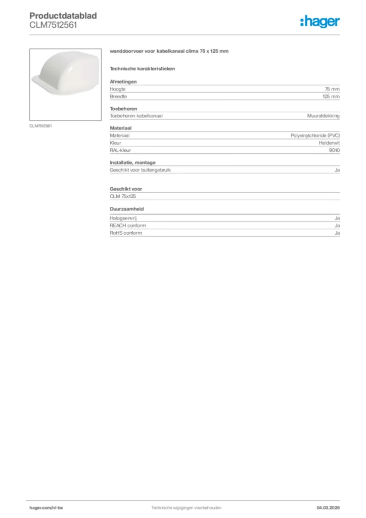 Afbeelding Hager Productdatablad CLM7512561 | Hager Belgium