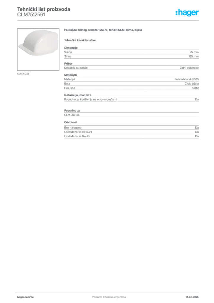 Slika Hager Product data sheet CLM7512561  | Hager