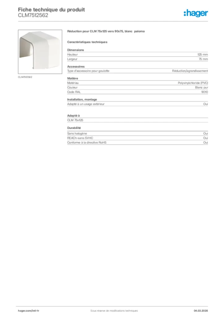 Image Hager Fiche technique du produit CLM7512562 | Hager Afrique