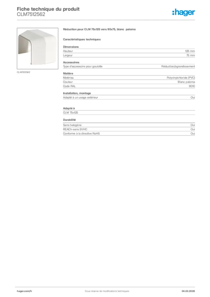 Image Hager Fiche technique du produit CLM7512562 | Hager France