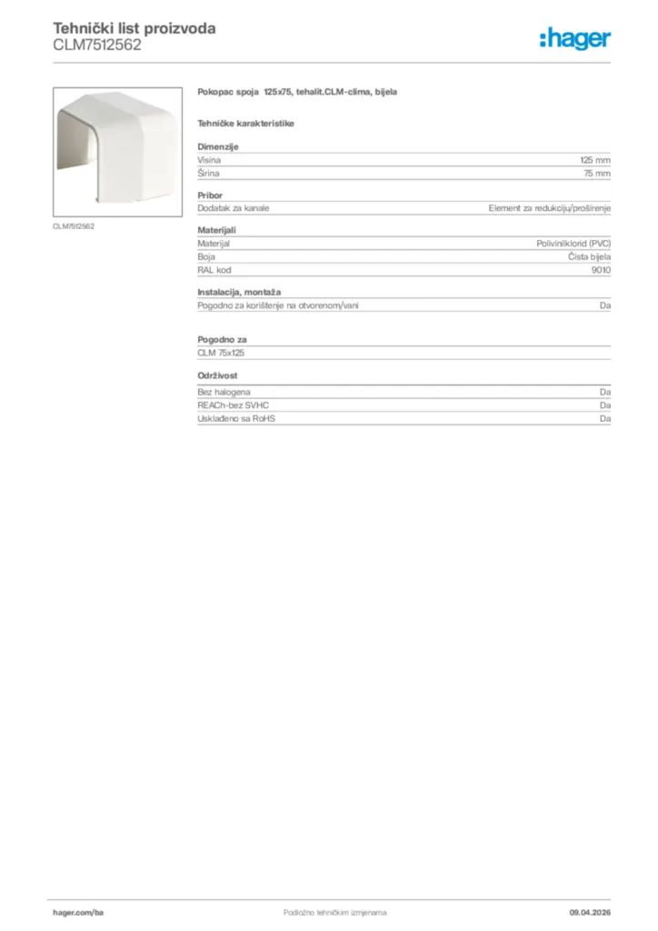 Slika Hager Tehnički list proizvoda CLM7512562  | Hager