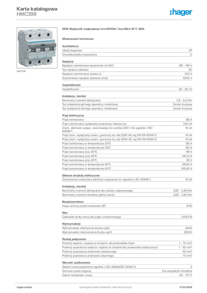 Zdjęcie Hager Karta katalogowa HMC399 | Hager Polska
