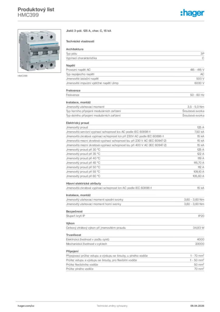 Obrázek Hager Product data sheet HMC399 | Hager