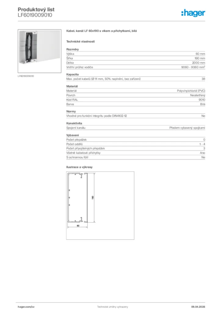 Obrázek Hager Product data sheet LF6019009010 | Hager