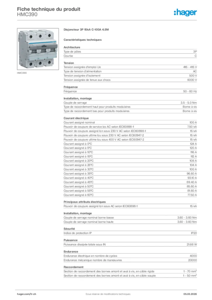 Image Hager Fiche technique du produit HMC390 | Hager Suisse