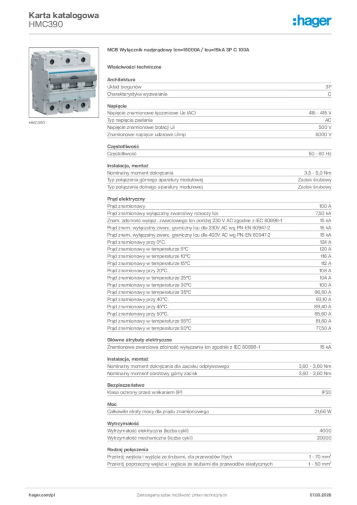 Zdjęcie Hager Karta katalogowa HMC390 | Hager Polska