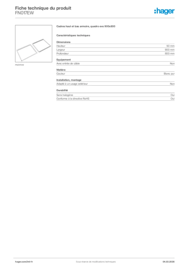 Image Hager Fiche technique du produit FN017EW | Hager Afrique
