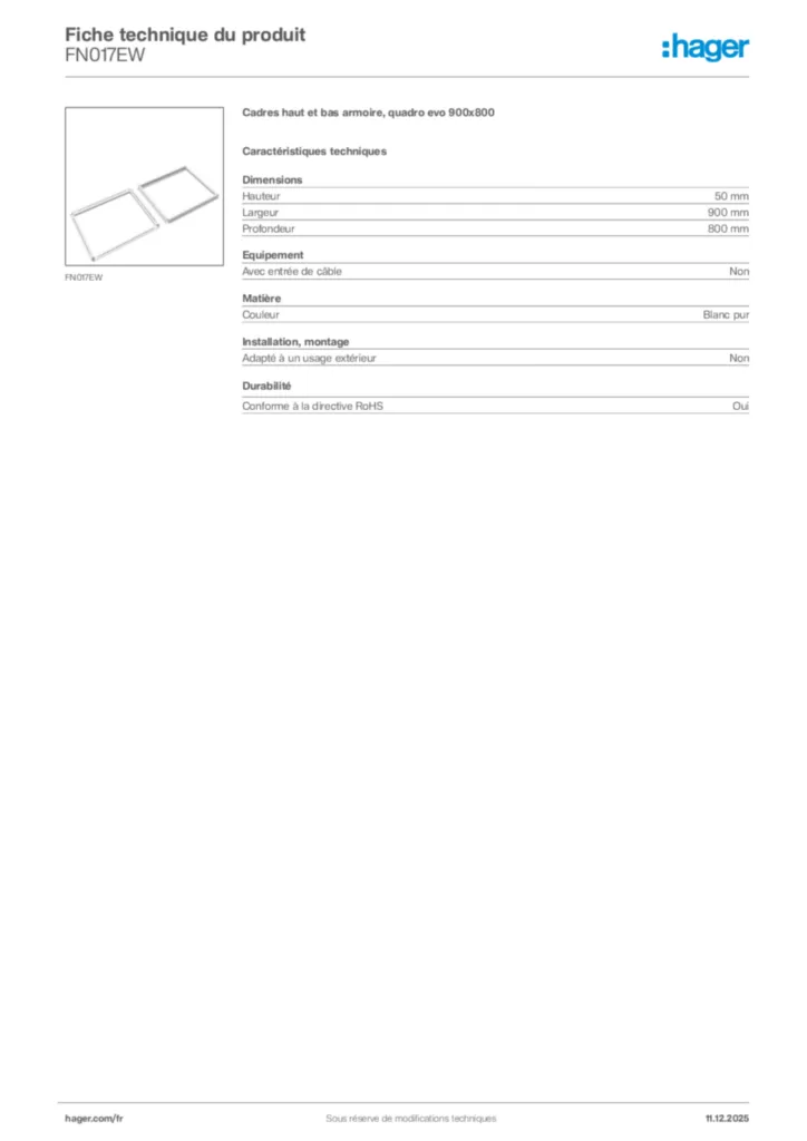 Image Hager Fiche technique du produit FN017EW | Hager France