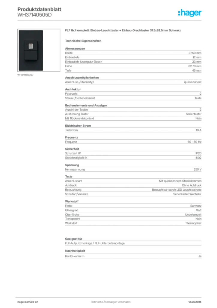 Bild Hager Produktdatenblatt WH37140505D | Hager Schweiz