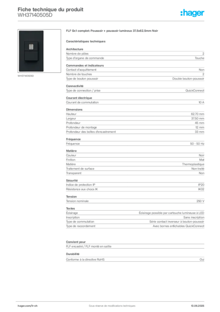 Image Hager Fiche technique du produit WH37140505D | Hager Suisse