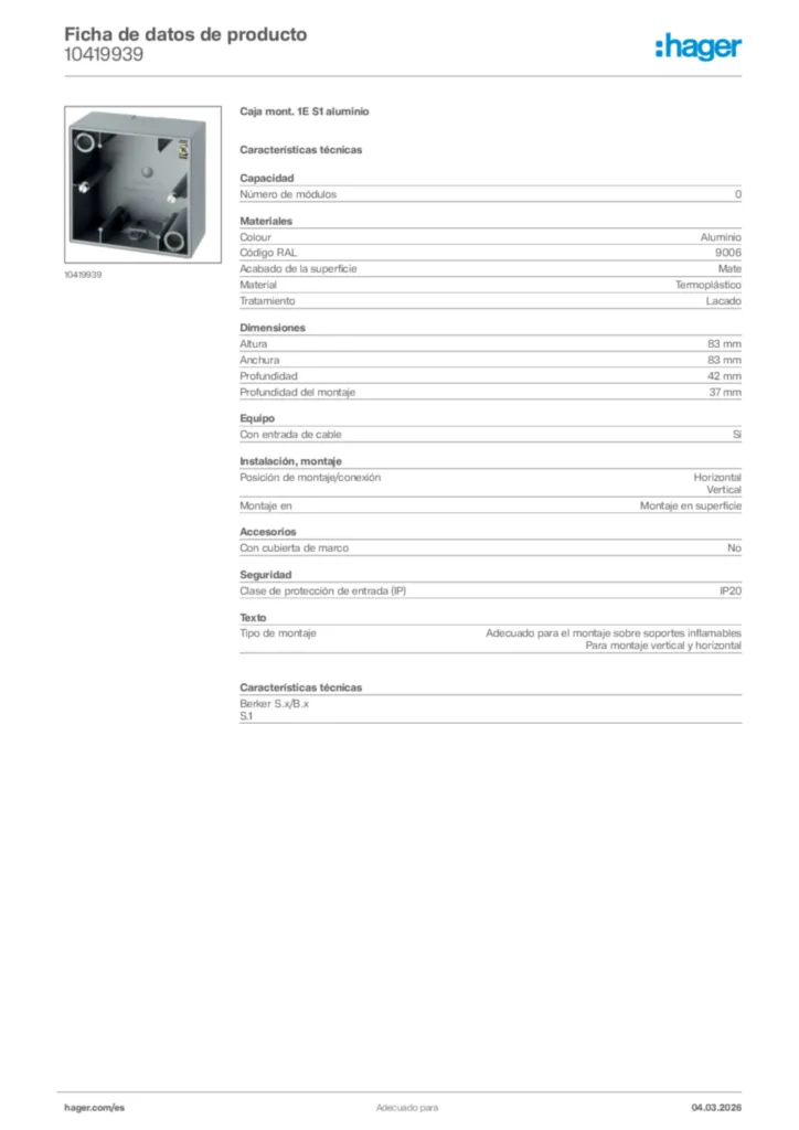 Imagen Hager Ficha de datos de producto 10419939 | Hager España