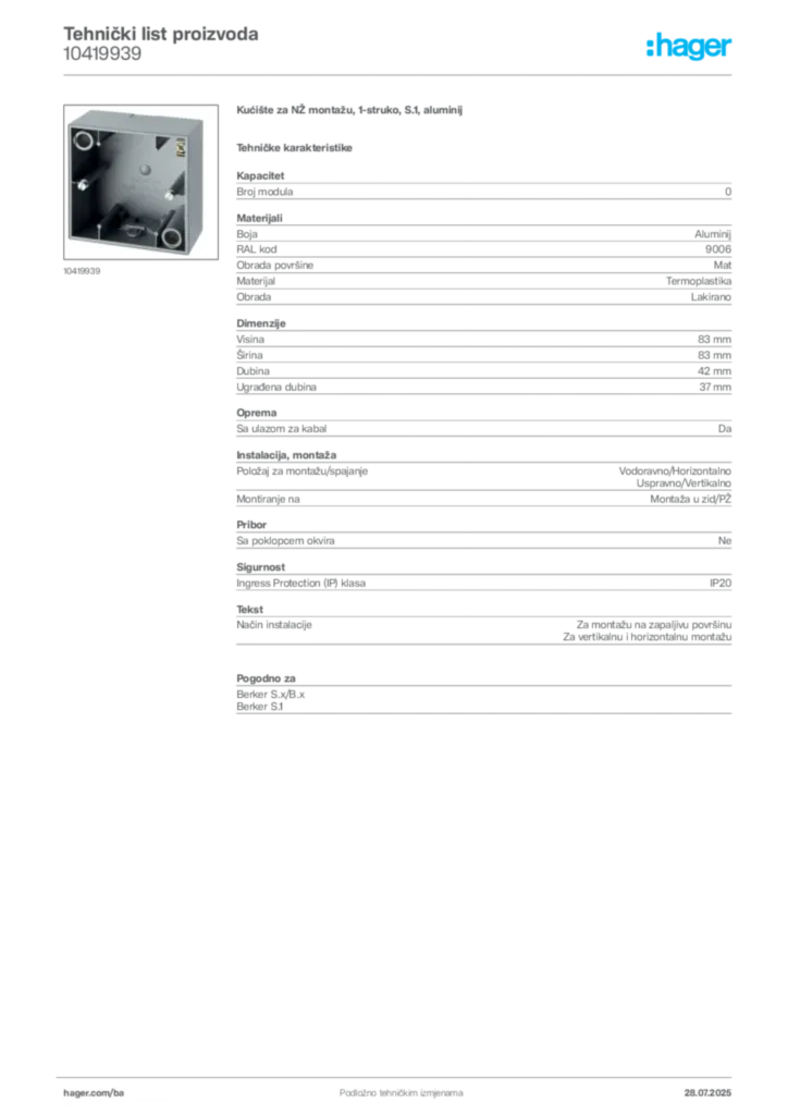 Slika Hager Product data sheet 10419939  | Hager