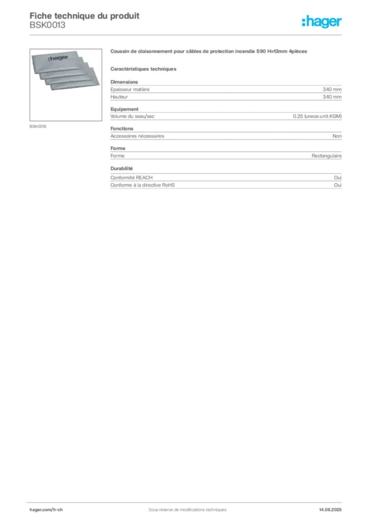 Image Hager Fiche technique du produit BSK0013 | Hager Suisse
