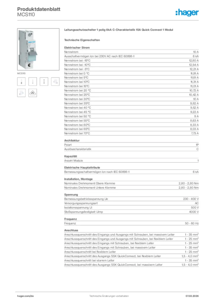 Bild Hager Produktdatenblatt MCS110 | Hager Deutschland