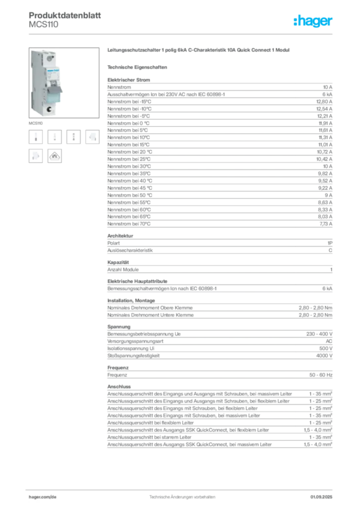 Hager Produktdatenblatt MCS110