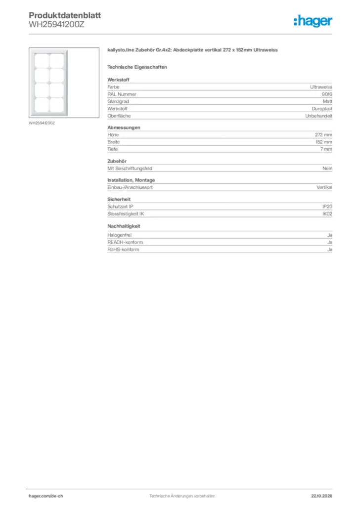 Bild Hager Produktdatenblatt WH25941200Z | Hager Schweiz
