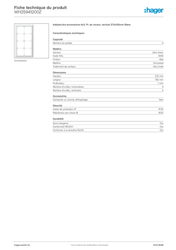 Image Hager Fiche technique du produit WH25941200Z | Hager Suisse
