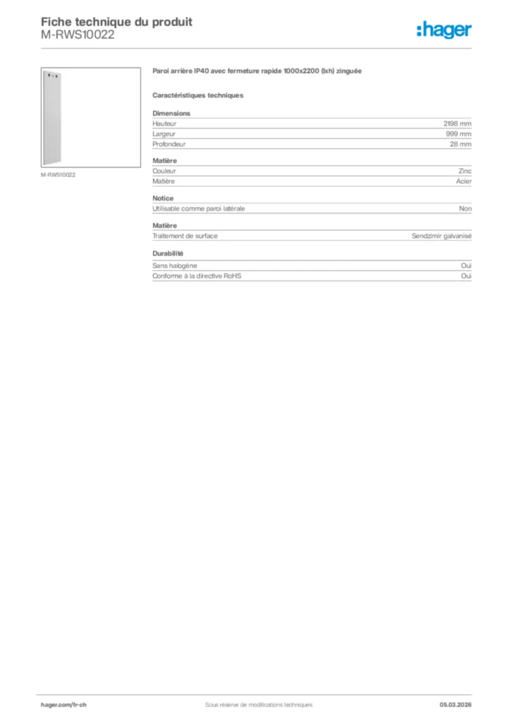 Image Hager Fiche technique du produit M-RWS10022 | Hager Suisse