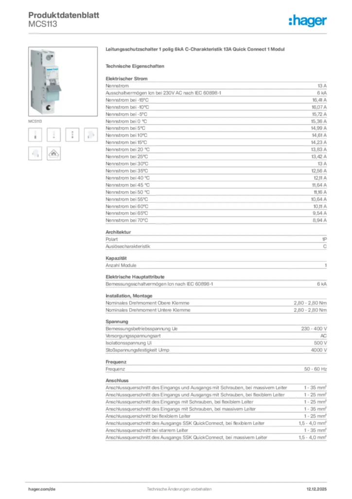 Bild Hager Produktdatenblatt MCS113 | Hager Deutschland