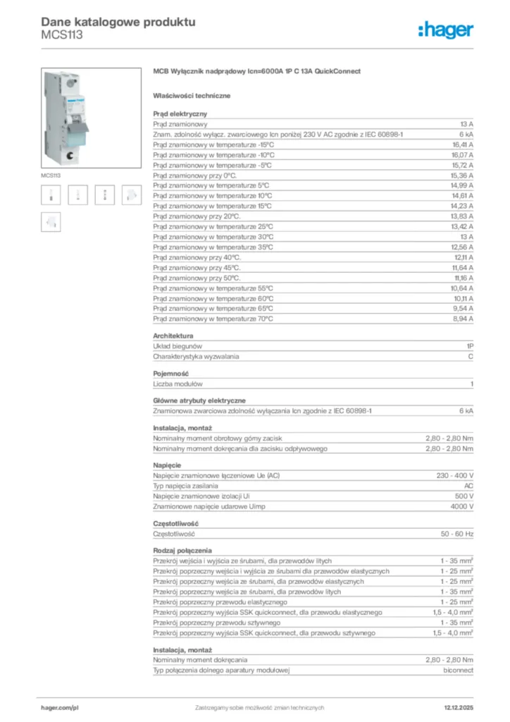 Zdjęcie Hager Dane katalogowe produktu MCS113 | Hager Polska