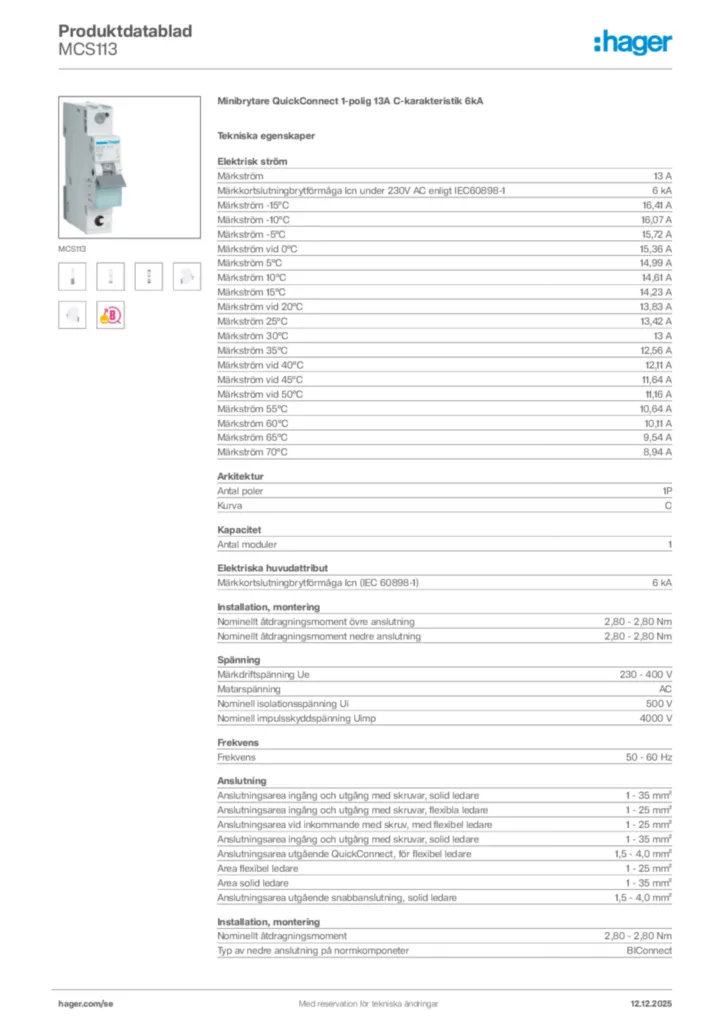 Bild Hager Produktdatablad MCS113 | Hager Sverige