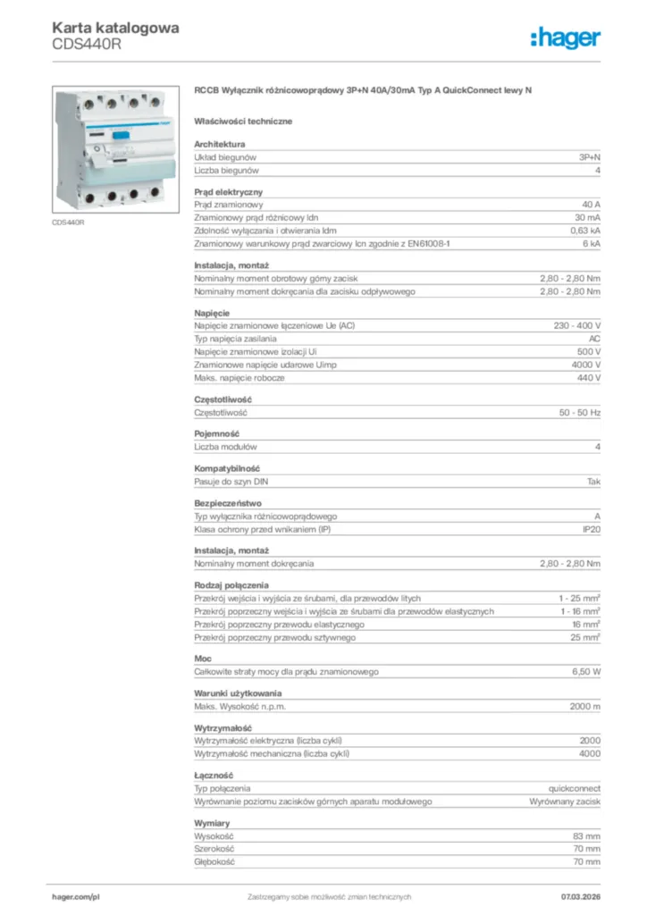 Zdjęcie Hager Karta katalogowa CDS440R | Hager Polska