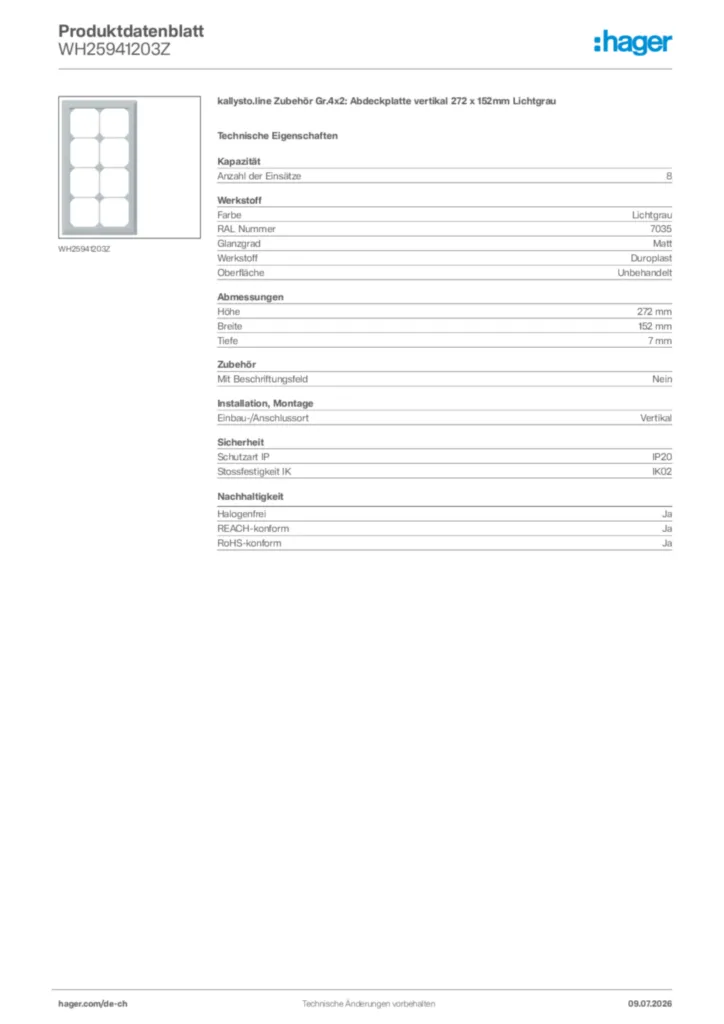 Bild Hager Produktdatenblatt WH25941203Z | Hager Schweiz