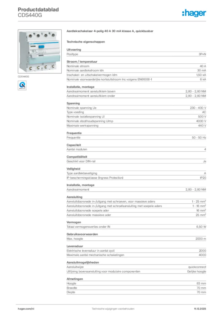 Afbeelding Hager Productdatablad CDS440G | Hager Nederland