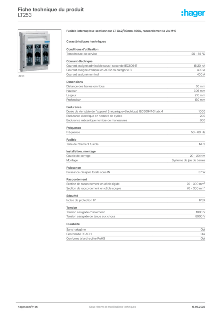 Image Hager Fiche technique du produit LT253 | Hager Suisse