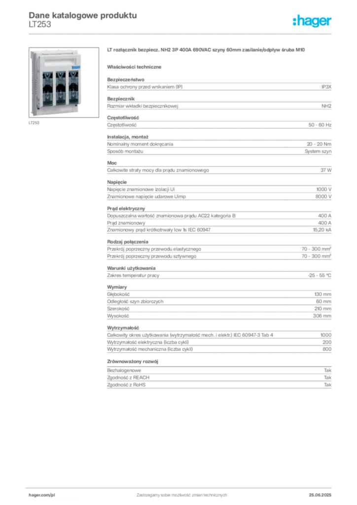 Zdjęcie Hager Dane katalogowe produktu LT253 | Hager Polska