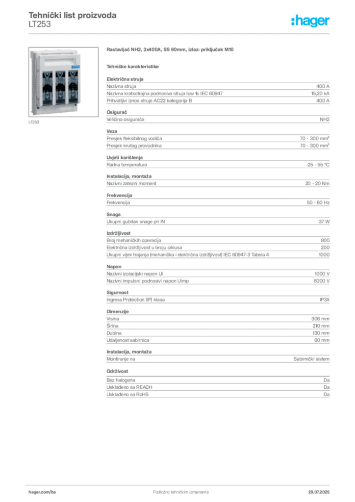 Slika Hager Product data sheet LT253  | Hager