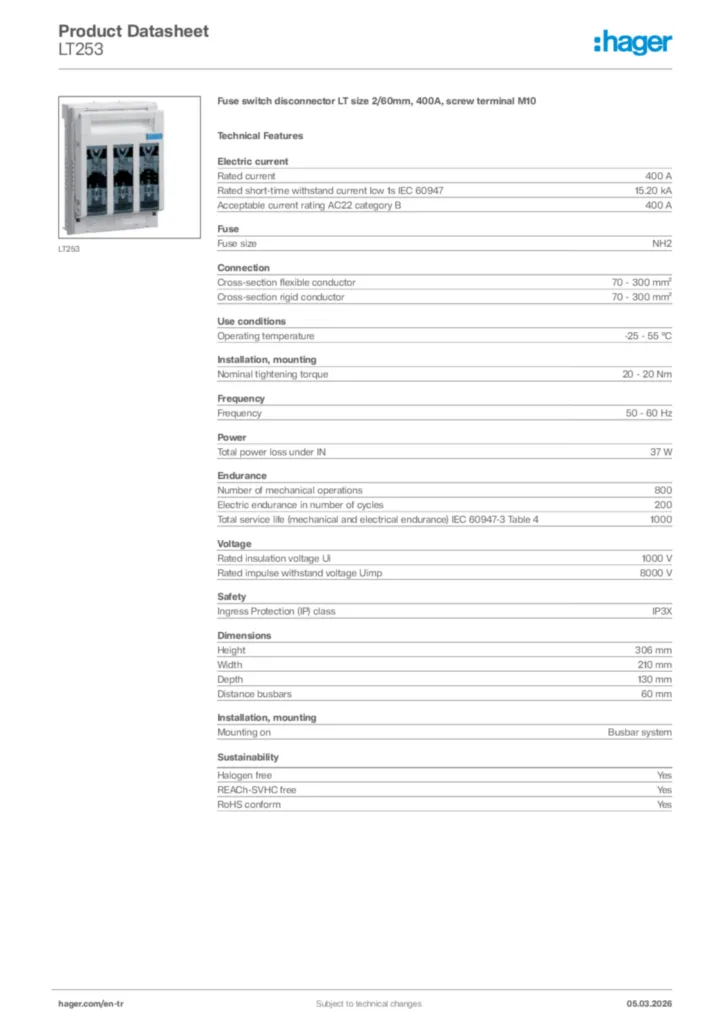 Image Hager Product data sheet LT253  | Hager