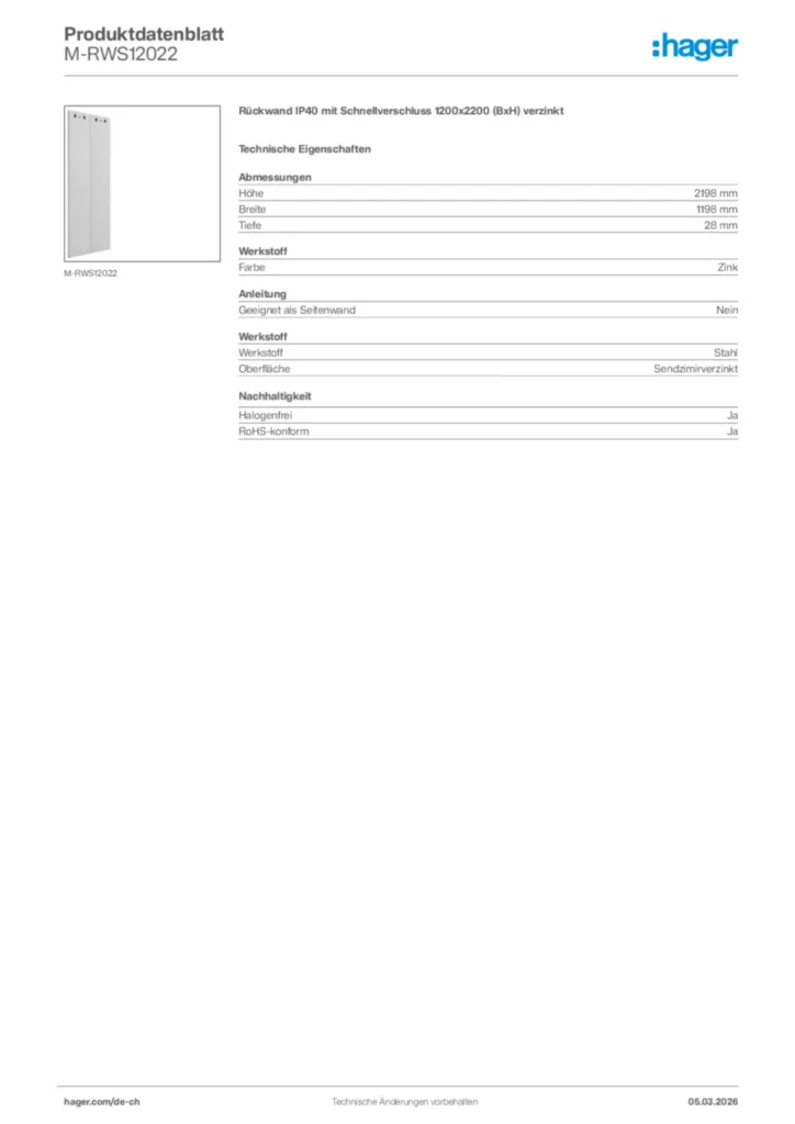 Bild Hager Produktdatenblatt M-RWS12022 | Hager Schweiz