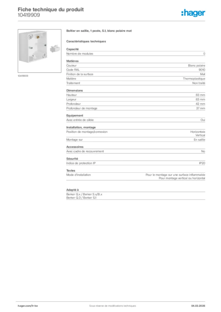Image Hager Fiche technique du produit 10419909 | Hager Belgique